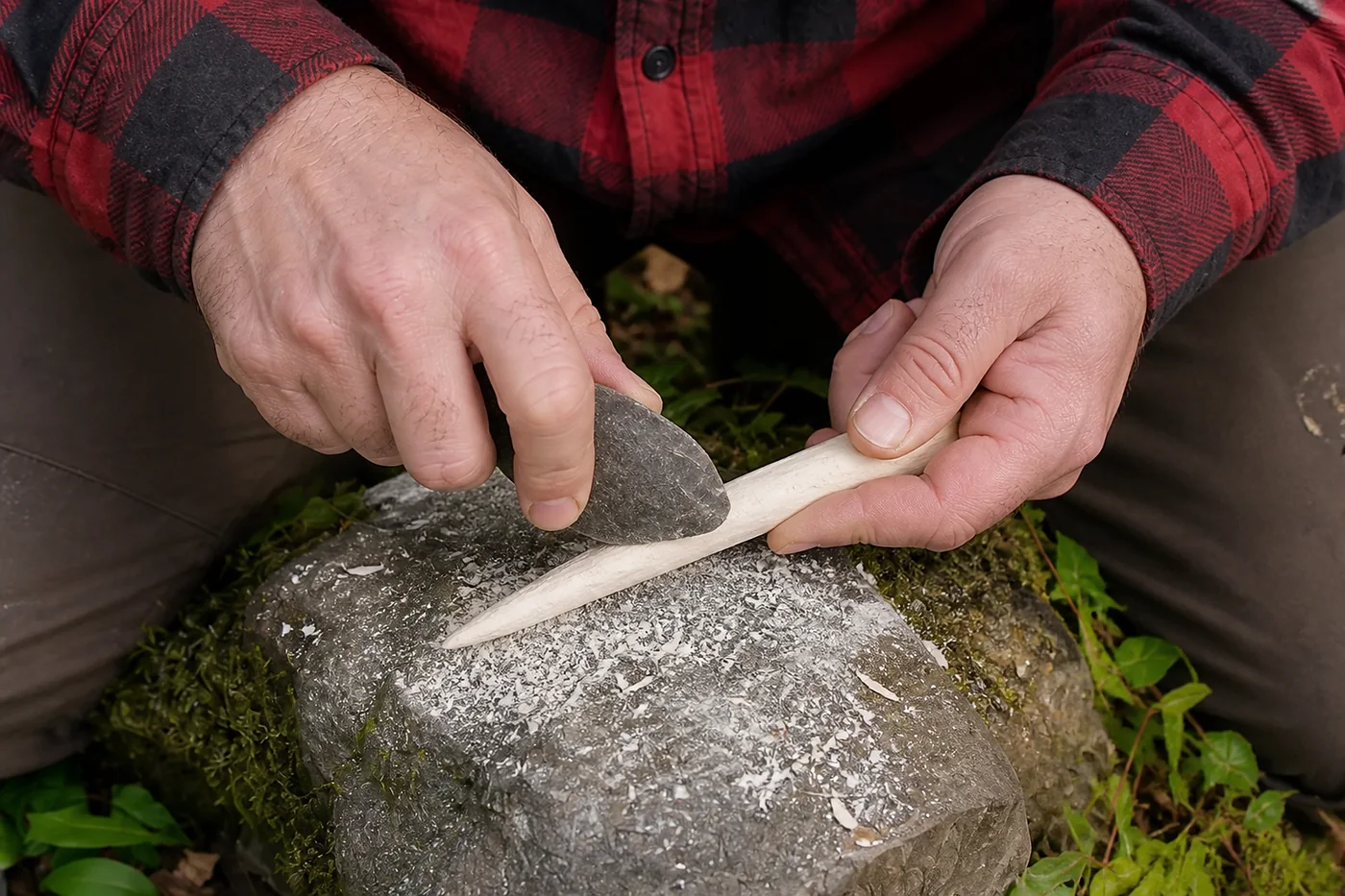 Nahaufnahme einer teilfertigen Knochenahle mit kräftigem Schaft und zugespitztem Arbeitsende