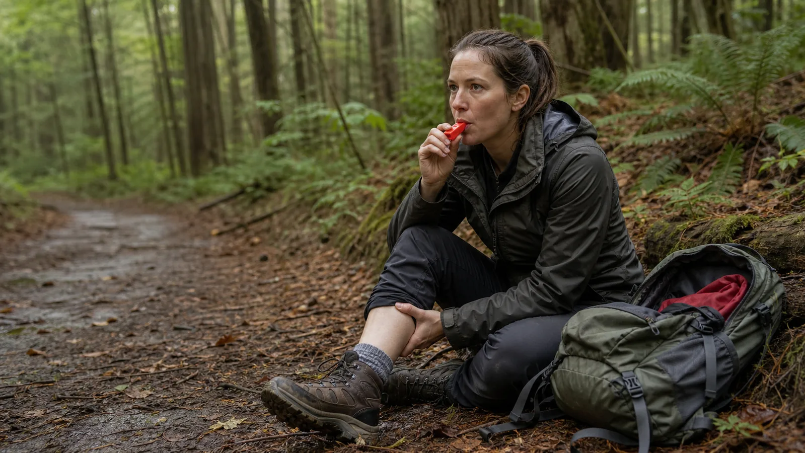 Frau ruft in einer Notsituation im Wald mit einer roten Signalpfeife Hilfe