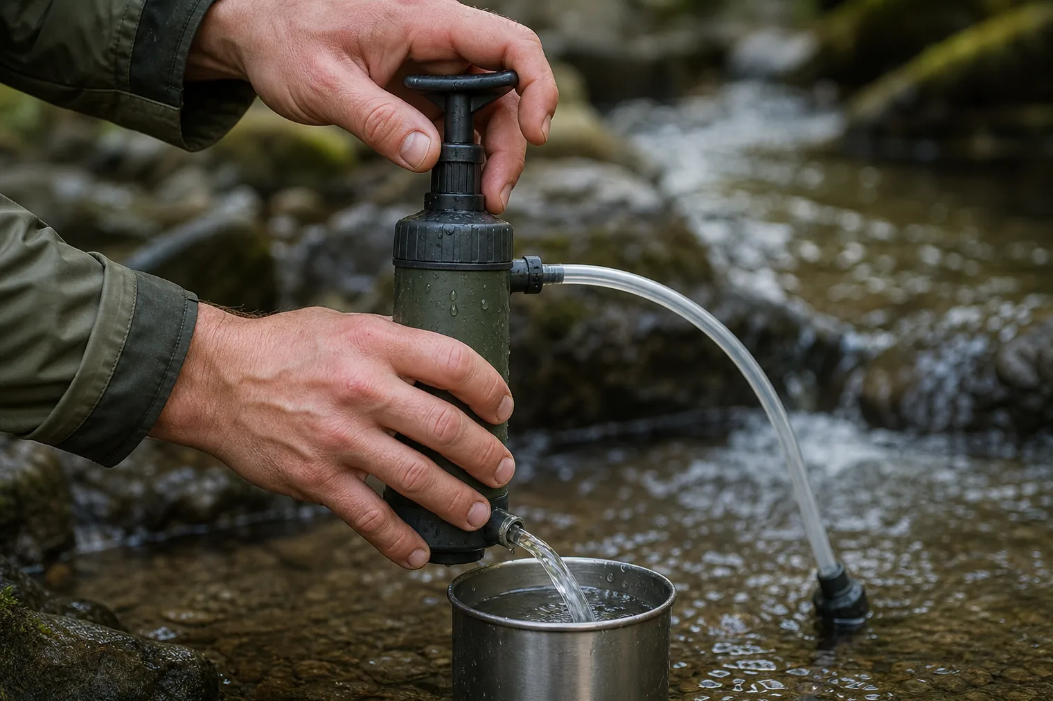 Hände pumpen Bachwasser durch einen mobilen Outdoor-Wasserfilter