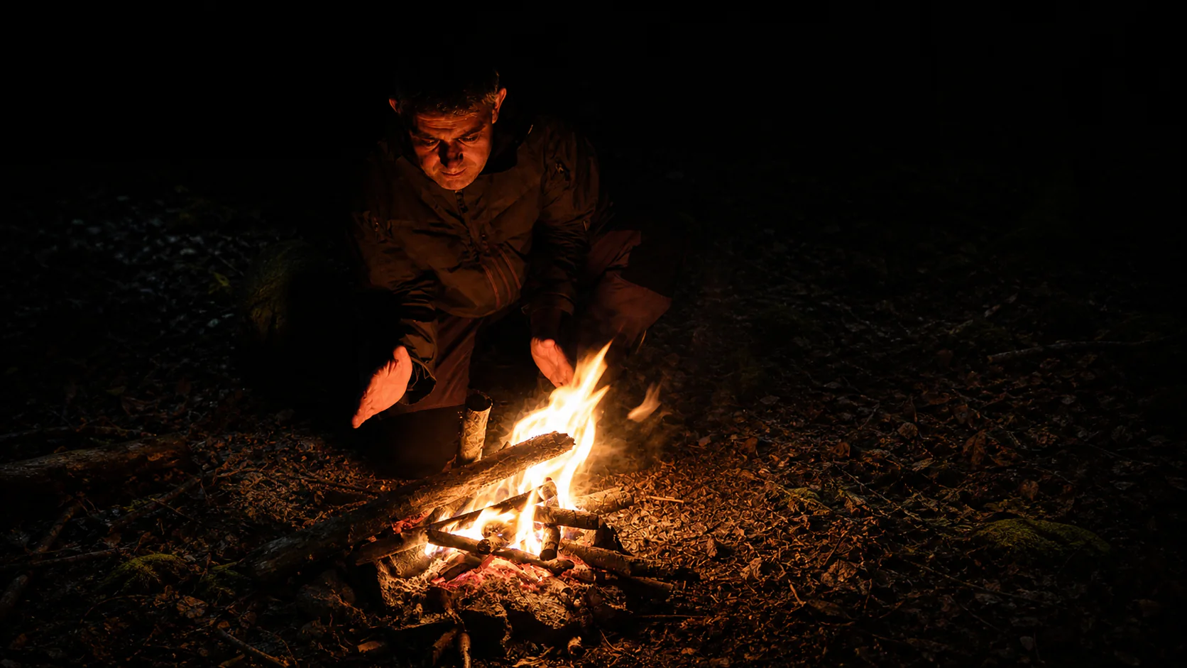 Feuer machen ohne Feuerzeug beim REVENANT Survival Training bei Nacht