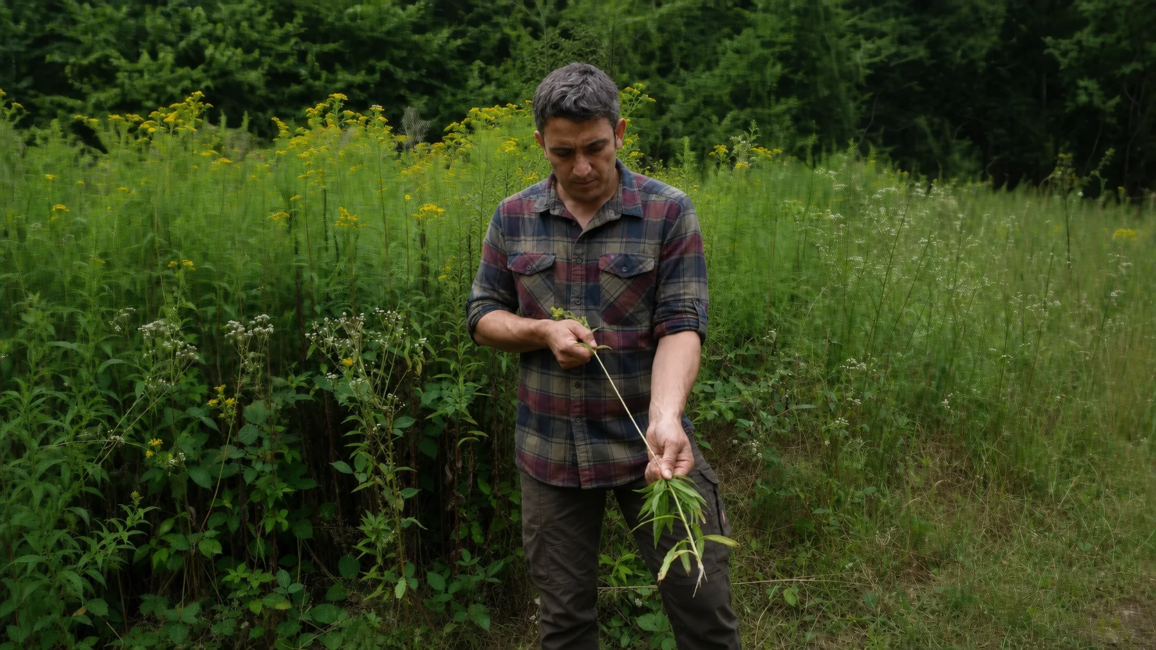 Lars Konarek im karierten Hemd bei der Pflanzenbestimmung im PLANT Master