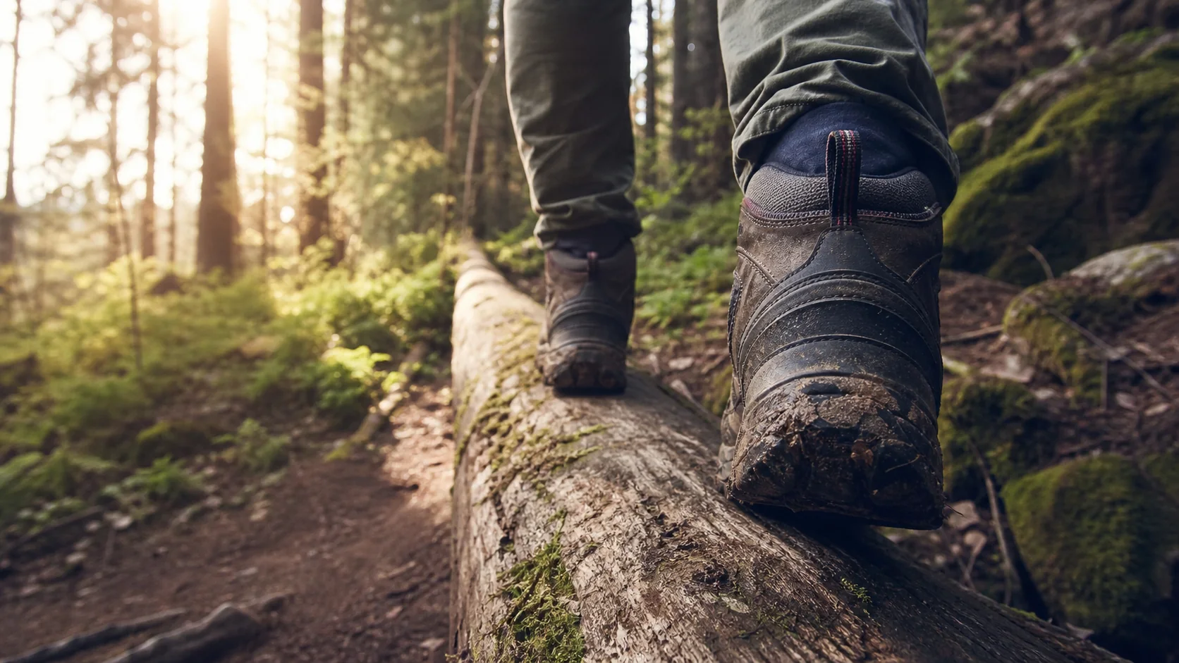 Balancieren auf einem Baumstamm als Übung in der Survival Guide Ausbildung im Wald