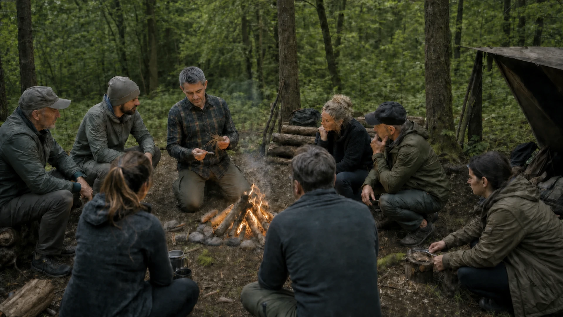 Lars Konarek bildet eine Gruppe am Lagerfeuer zum Survival Guide aus