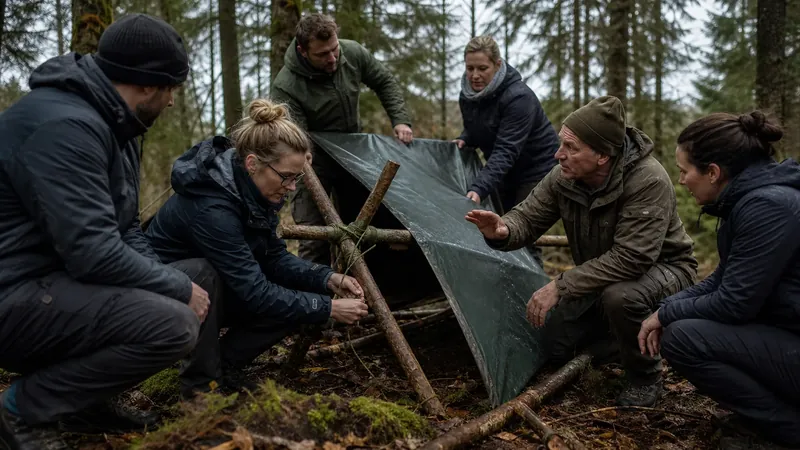 Gemeinsamer Shelterbau bei einem Survival Teamevent