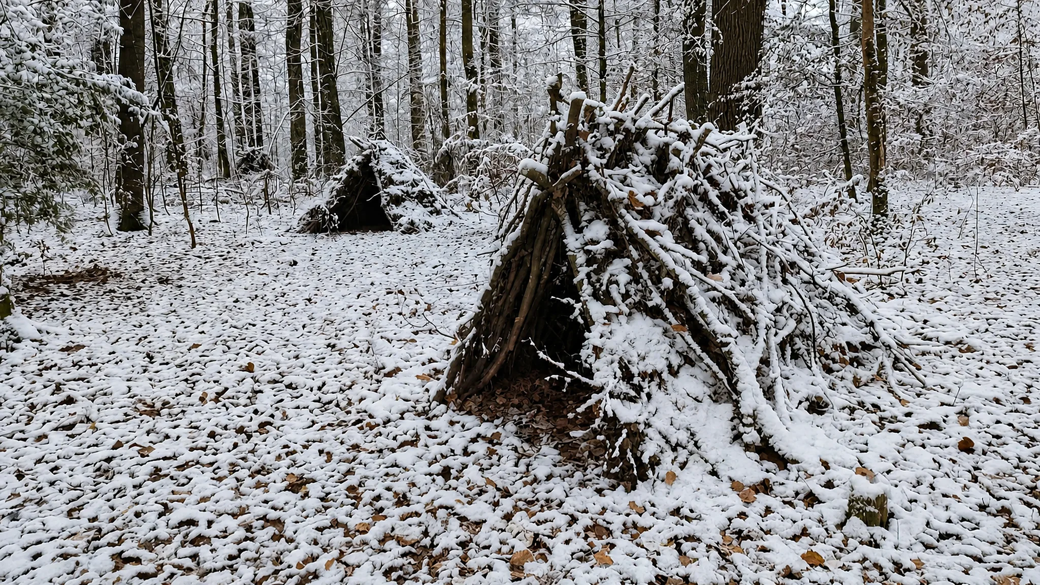 Schneebedeckte Survival Shelter beim Winter Survival Training im Schwarzwald