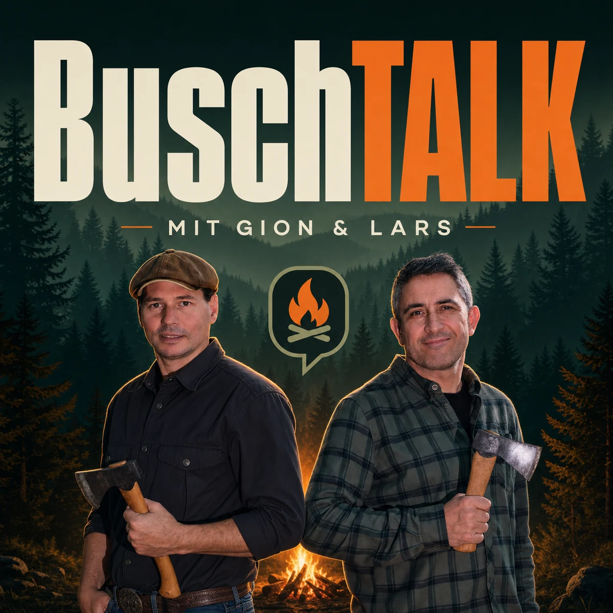 Offizielles BuschTALK Podcast-Cover mit Gion Saluz und Lars Konarek für den Survival, Bushcraft und Outdoor Podcast